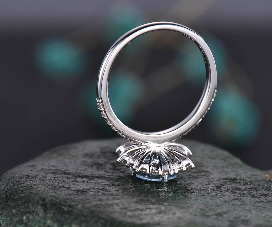 7x9mm oval cut aquamarine engagement ring vintage unique cluster ring moissanite ring March birthstone ring bridal ring custom jewelry gift