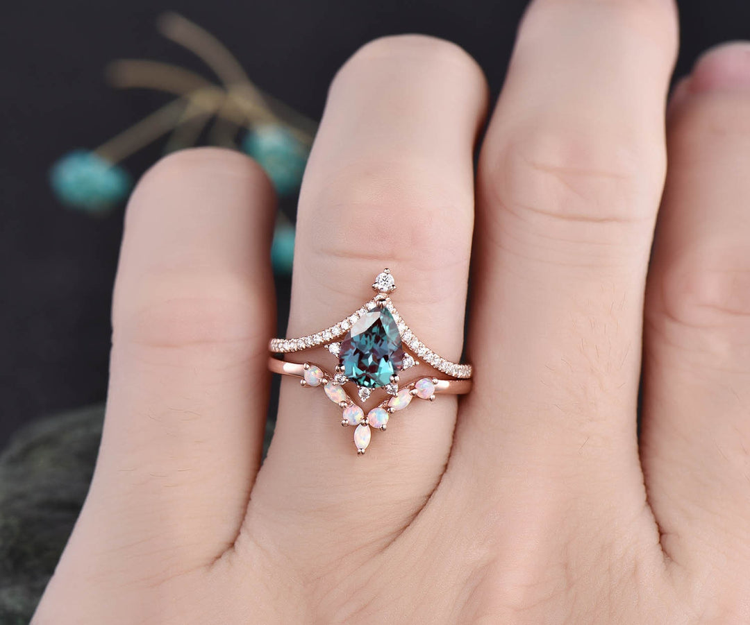 Vintage moissanite ring opal ring gold 2pcs teardrop Alexandrite engagement ring set 14k 18k rose gold birthstone custom unique jewelry gift