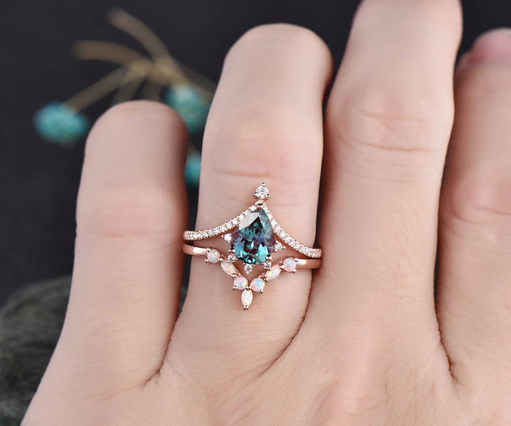 Vintage moissanite ring opal ring gold 2pcs teardrop Alexandrite engagement ring set 14k 18k rose gold birthstone custom unique jewelry gift