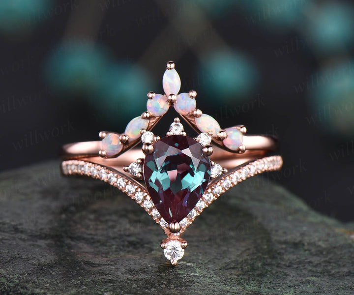 Vintage moissanite ring opal ring gold 2pcs teardrop Alexandrite engagement ring set 14k 18k rose gold birthstone custom unique jewelry gift