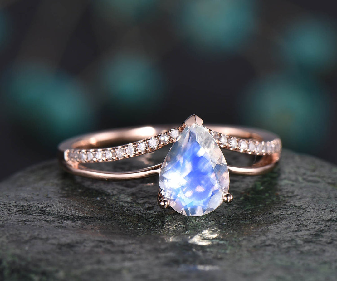 6x8mm Pear natural moonstone engagement ring rose gold split shank real diamond ring June birthstone vintage gold women wedding bridal ring