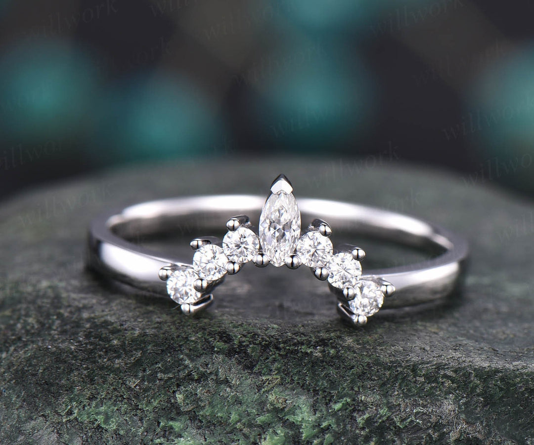 Marquise moissanite wedding ring curved crown moissanite wedding band 14k rose gold matching stacking band bridal birthday anniversary gift