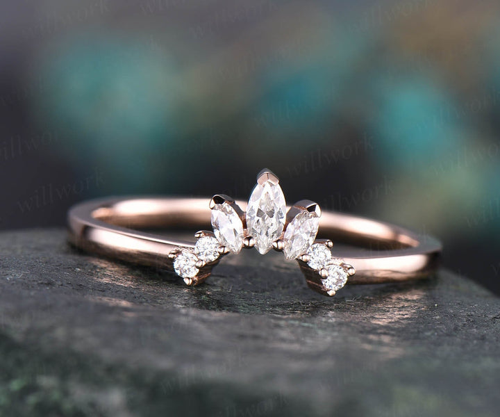 Vintage unique art deco Marquise moissanite wedding ring curved crown moissanite wedding band 14k rose gold anniversary gift custom jewelry