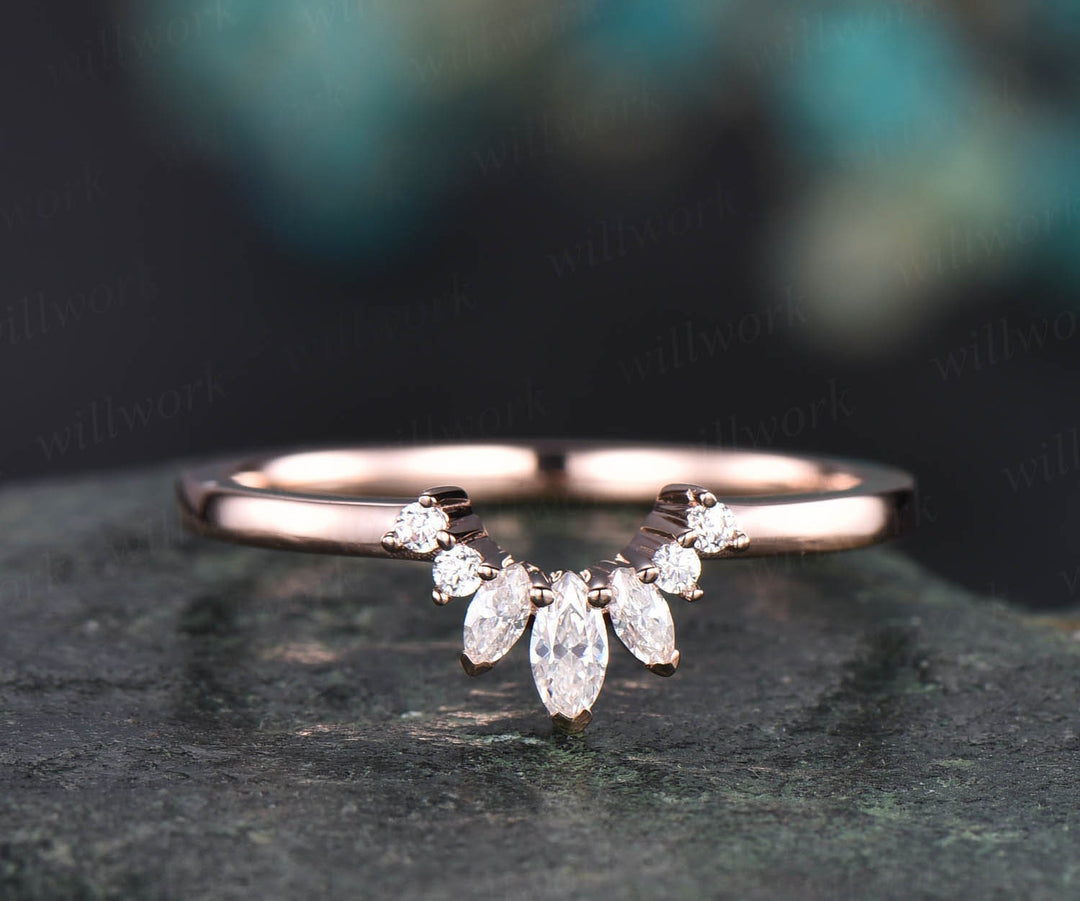 Vintage unique art deco Marquise moissanite wedding ring curved crown moissanite wedding band 14k rose gold anniversary gift custom jewelry