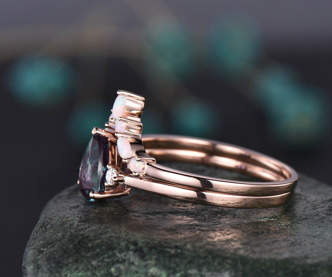 Curved marquise opal ring gold three stone engagement ring 2pcs teardrop Alexandrite engagement ring set 14k rose gold June birthstone ring