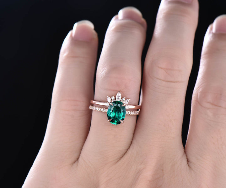 Unique vintage emerald wedding bridal set 2pcs emerald engagement ring set diamond ring marquise crown moissanite rose gold wedding band