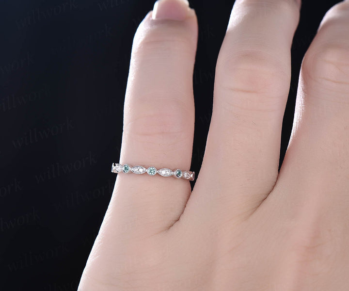 Vintage Alexandrite ring solid 14k white gold full eternity Alexandrite wedding ring band art deco diamond wedding band birthday gift