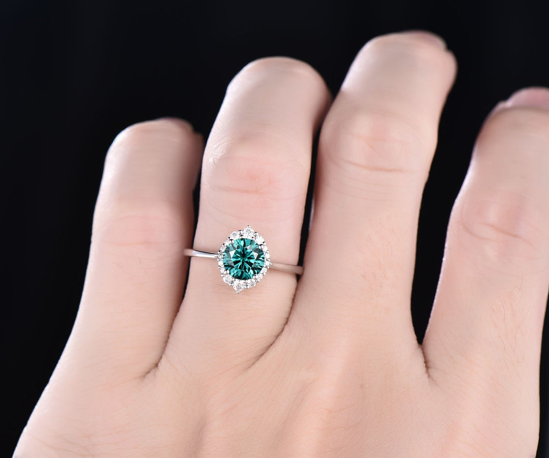 Cluster halo vintage unique engagement ring green moissanite engagement ring solid 14k rose gold wedding anniversary birthday gift jewelry