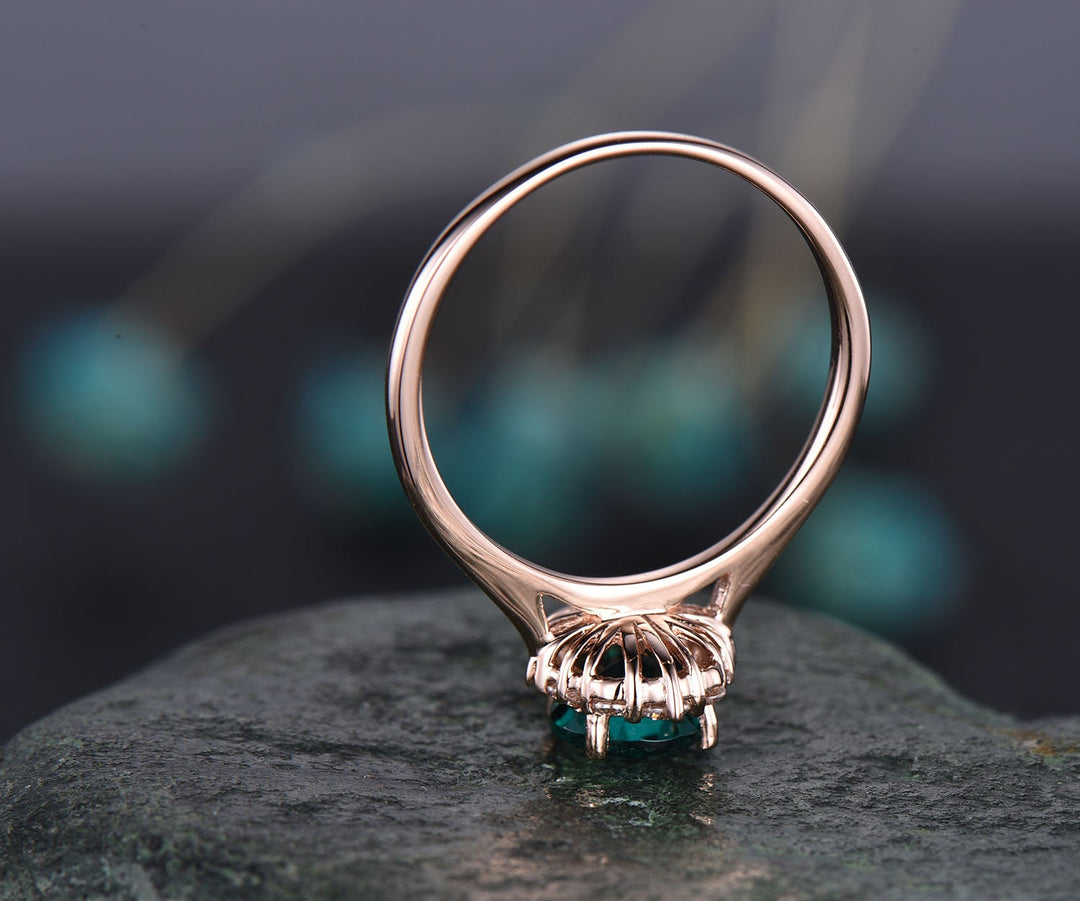 Cluster halo vintage unique engagement ring green moissanite engagement ring solid 14k rose gold wedding anniversary birthday gift jewelry
