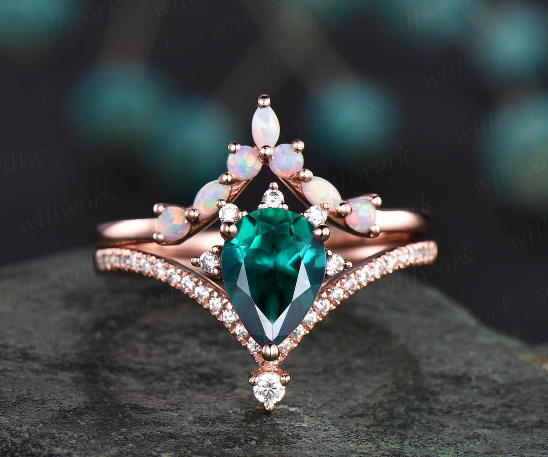 Vintage marquise opal ring gold unique cluster moissanite ring 2pcs teardrop emerald engagement ring set 14k rose gold May birthstone ring