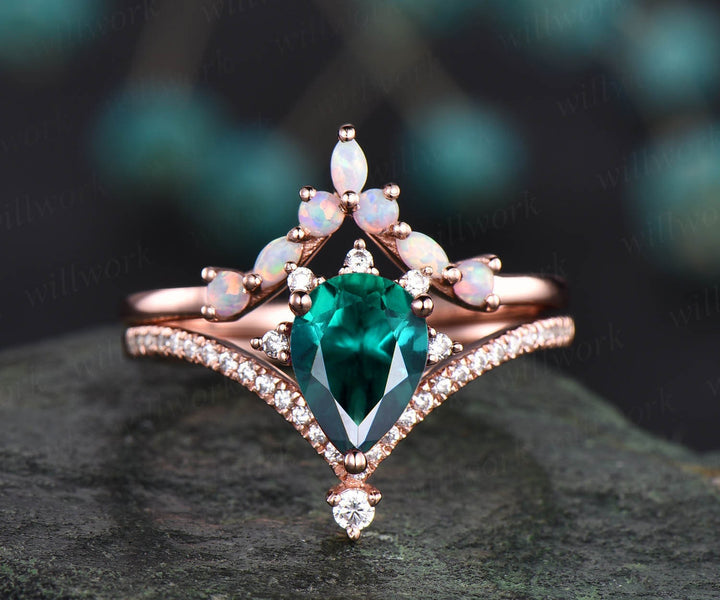 Vintage marquise opal ring gold unique cluster moissanite ring 2pcs teardrop emerald engagement ring set 14k rose gold May birthstone ring