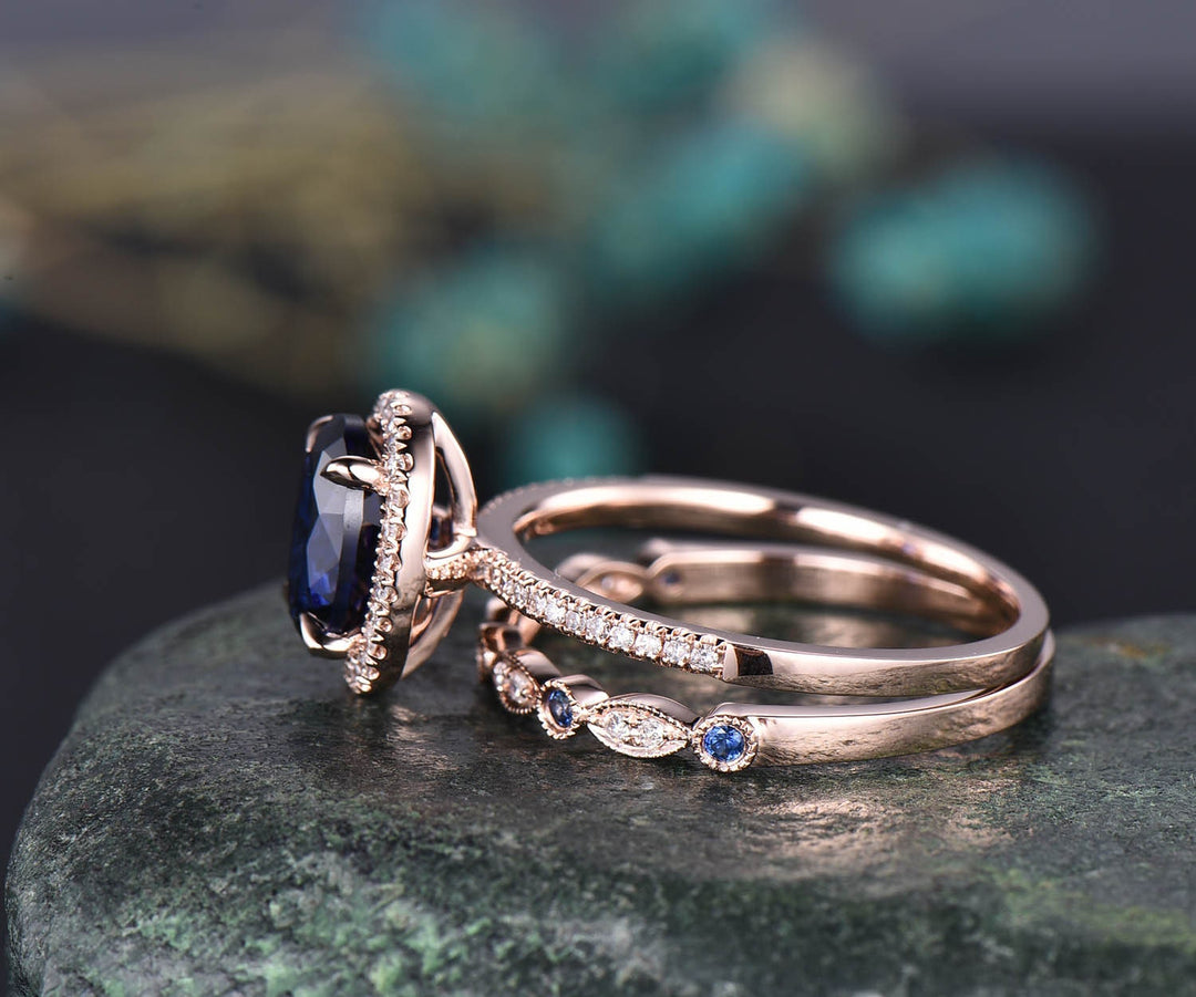 Rose gold ring set 2pcs 7x9 oval blue sapphire engagement ring set diamond bridal set natural sapphire wedding ring band sapphire jewelry