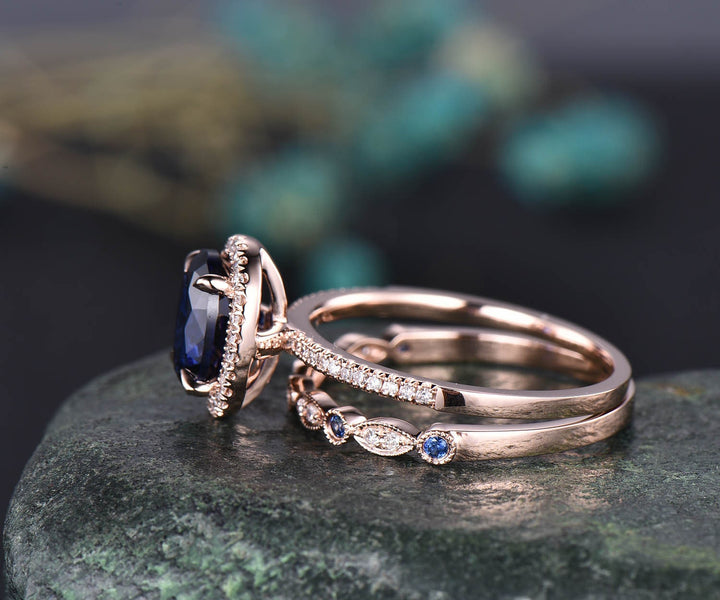 Rose gold ring set 2pcs 7x9 oval blue sapphire engagement ring set diamond bridal set natural sapphire wedding ring band sapphire jewelry