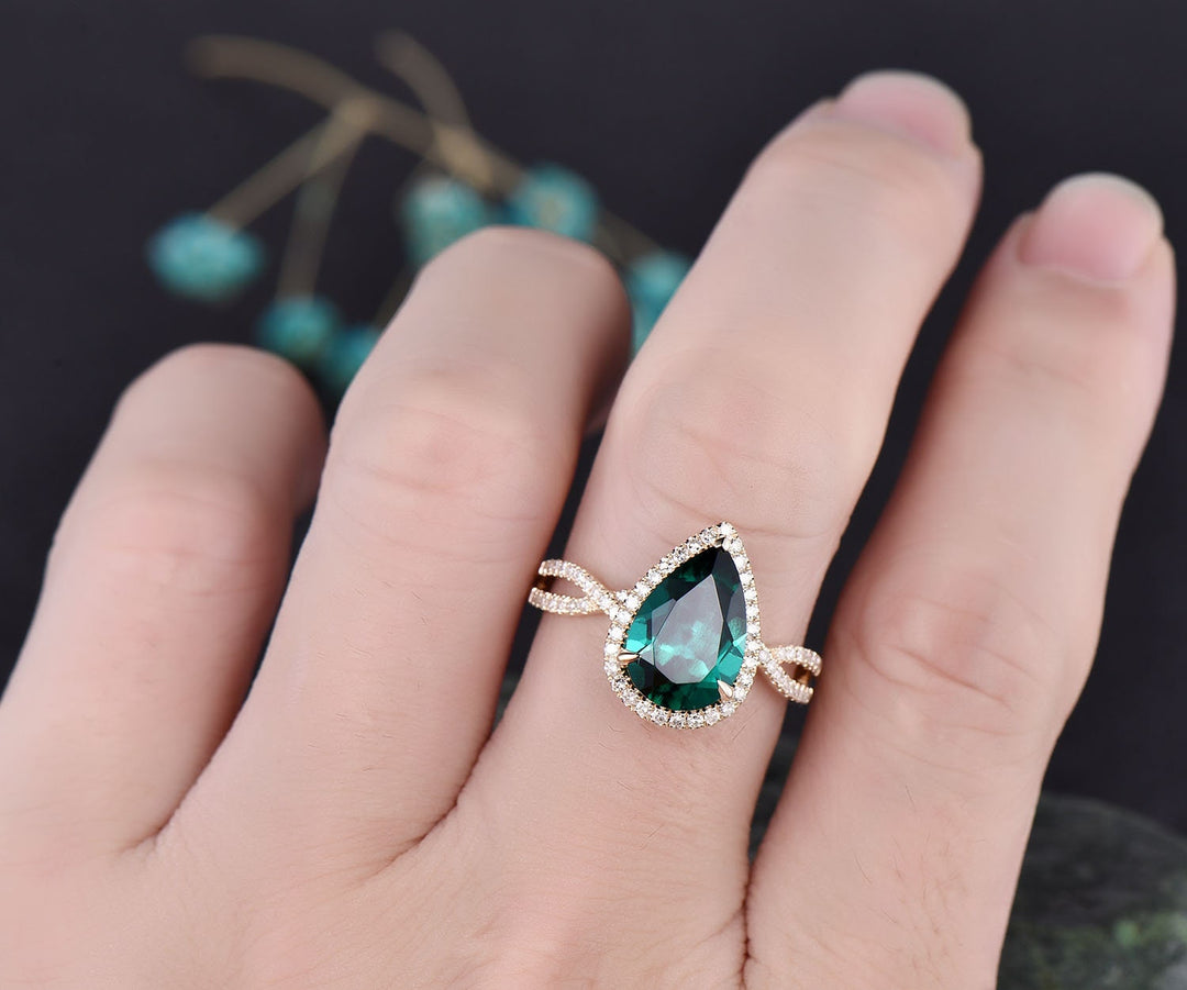 Emerald engagement ring 14k rose gold diamond halo ring split shank vintage May birthstone promise wedding bridal anniversary ring jewelry