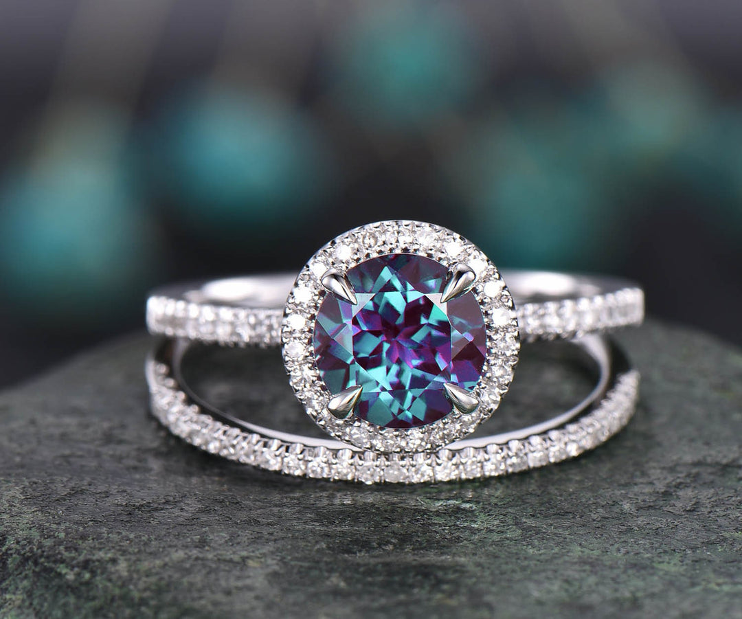 2pcs Alexandrite Ring Set Alexandrite Engagement Set Diamond Halo Alexandrite Wedding June Birthstone Ring Set Anniversary Gift For Her