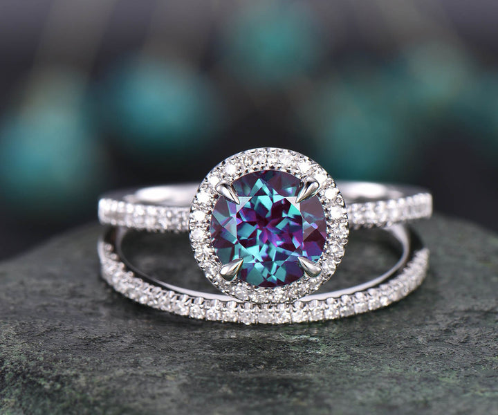 2pcs Alexandrite Ring Set Alexandrite Engagement Set Diamond Halo Alexandrite Wedding June Birthstone Ring Set Anniversary Gift For Her