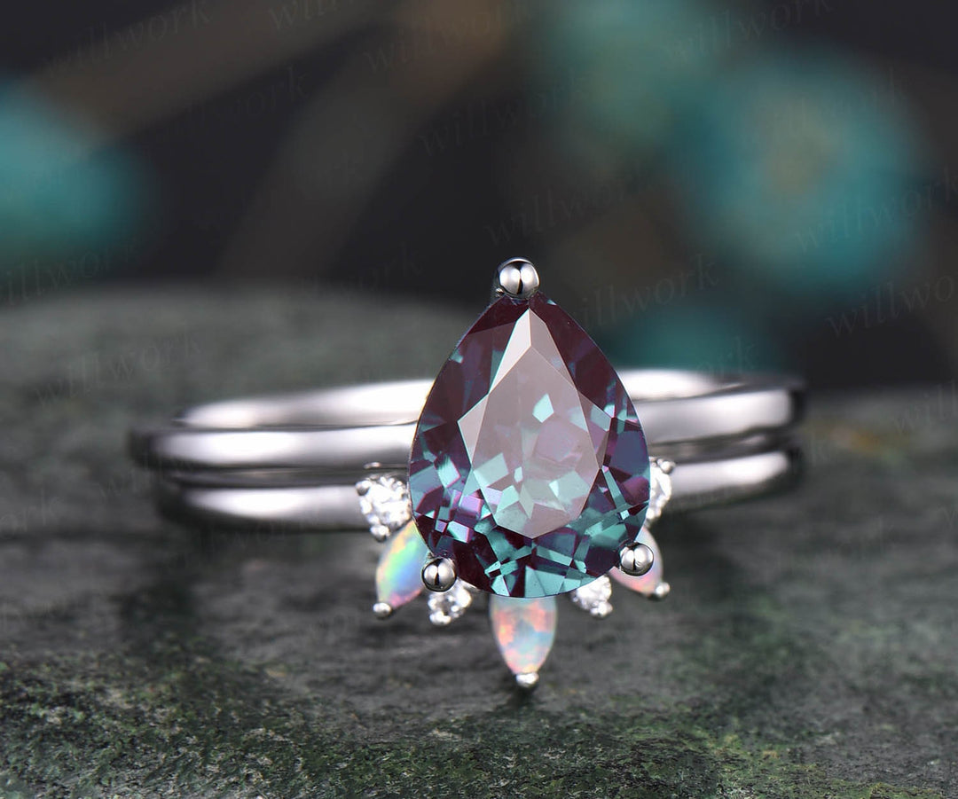 Alexandrite bridal set marquise opal wedding ring band unique moissanite ring 2pcs Teardrop Alexandrite engagement ring set white gold