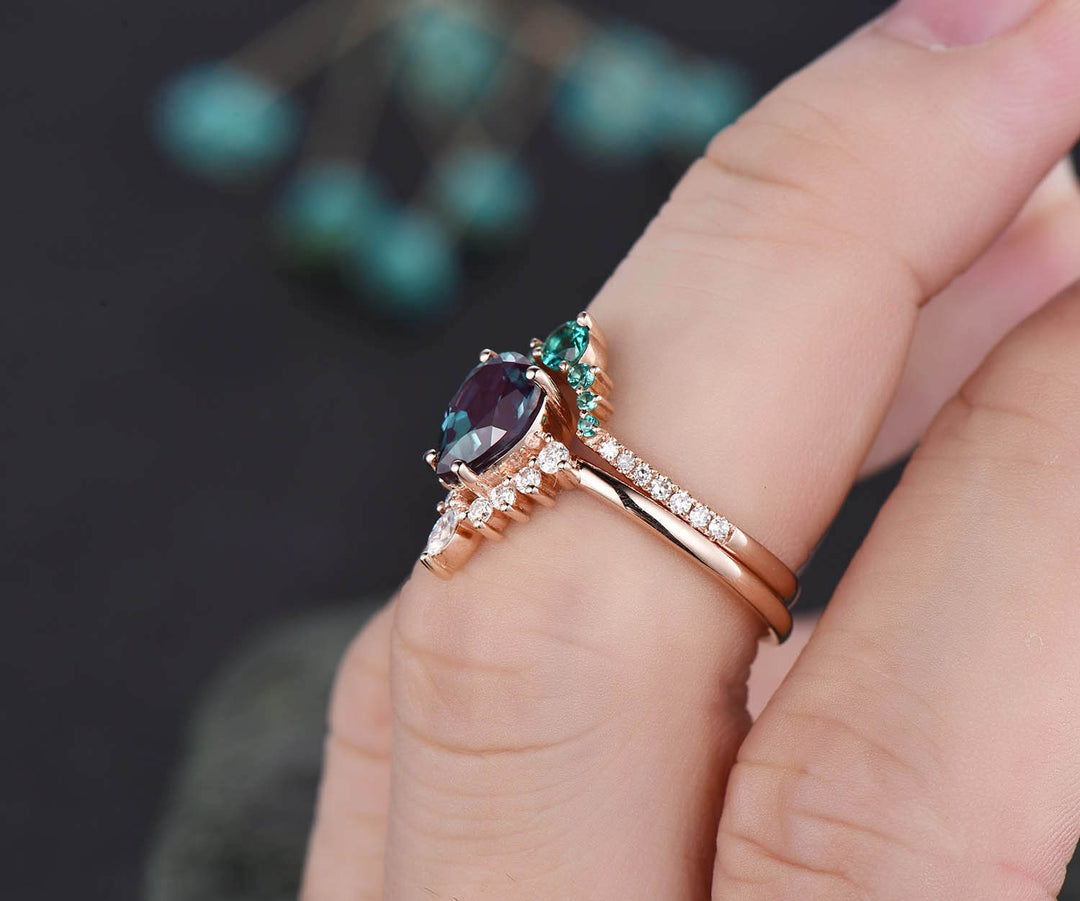 Rose gold ring set emerald bridal set 2pcs pear cut Alexandrite engagement ring set moissanite ring crown marquise unique vintage ring band