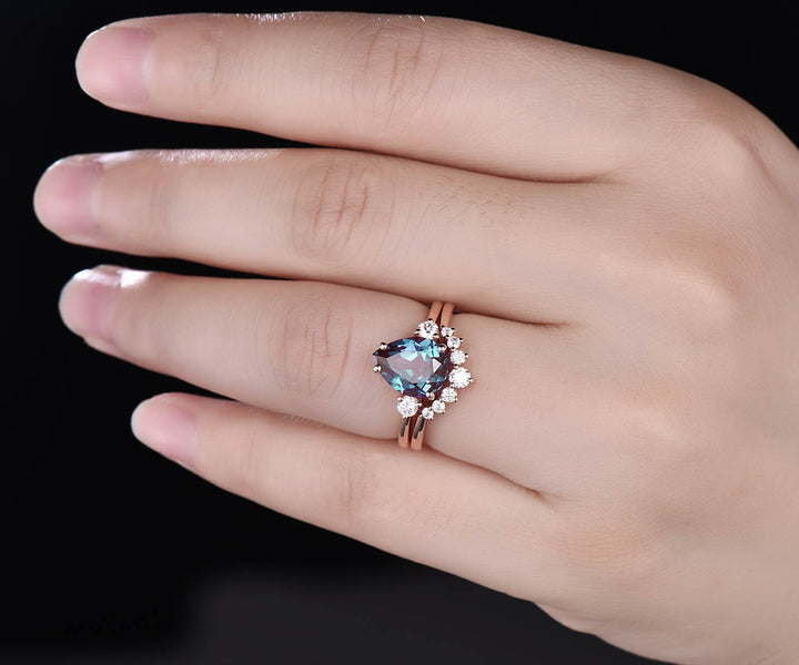 Teardrop alexandrite ring vintage moissanite three stone engagement ring alexandrite engagement ring solid rose gold June birthstone ring