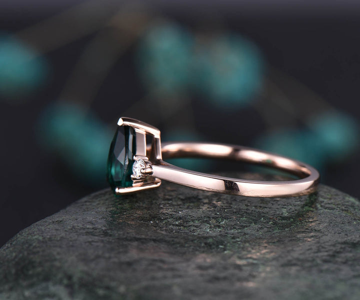 Pear shaped emerald engagement ring three stone ring diamond ring for women solid rose gold vintage unique ring May birthstone ring gift