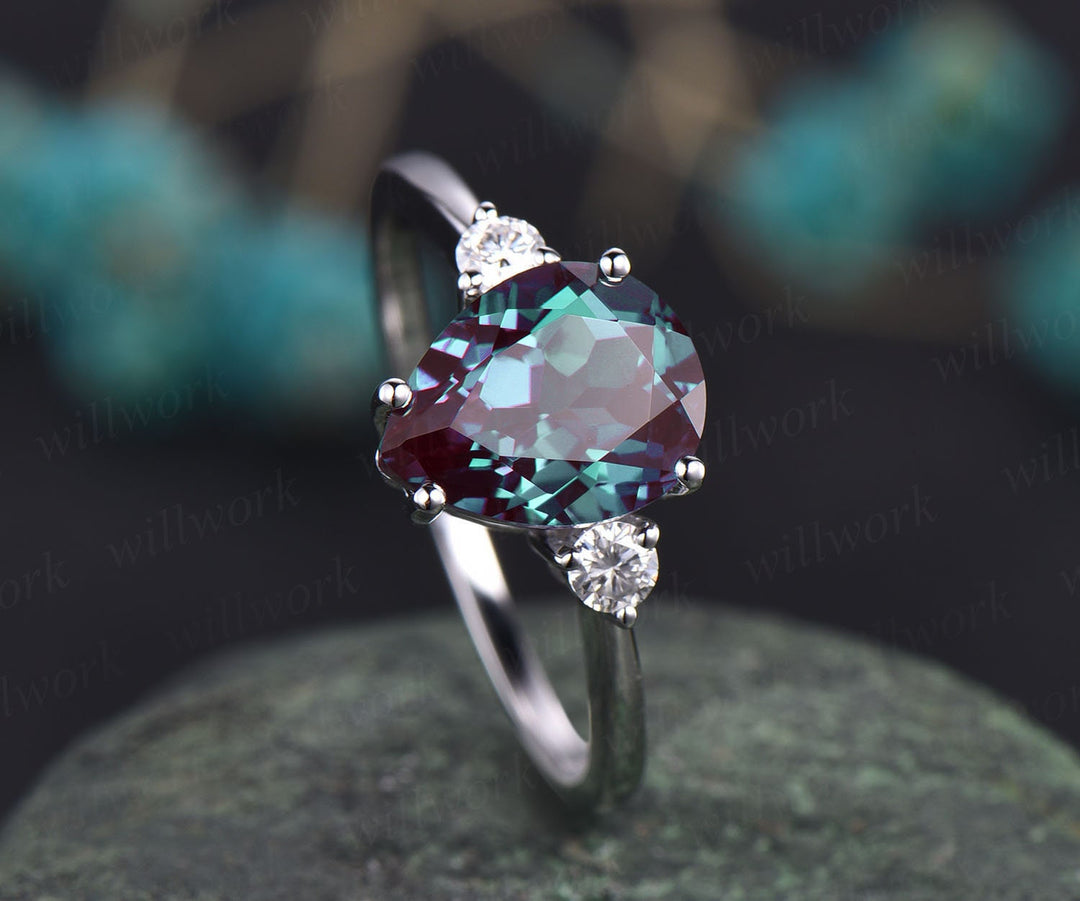Teardrop alexandrite ring vintage moissanite three stone engagement ring alexandrite engagement ring solid rose gold June birthstone ring