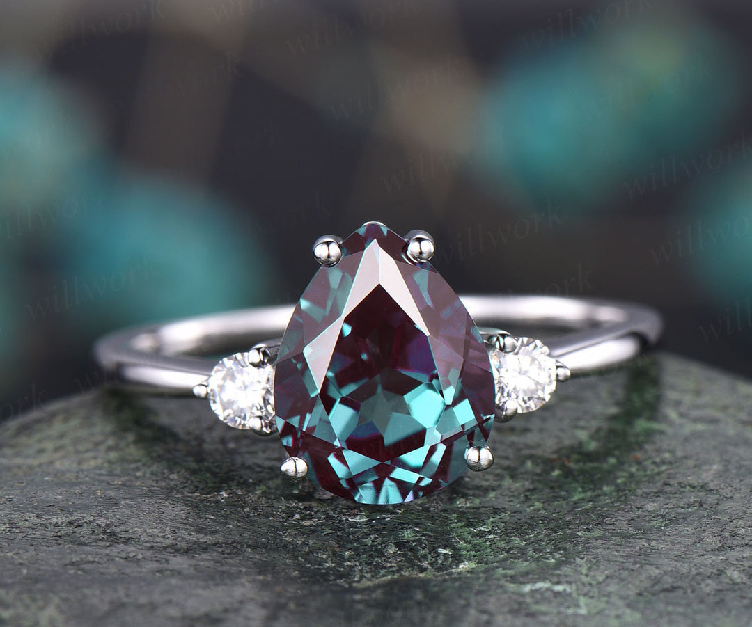 Teardrop alexandrite ring vintage moissanite three stone engagement ring alexandrite engagement ring solid rose gold June birthstone ring