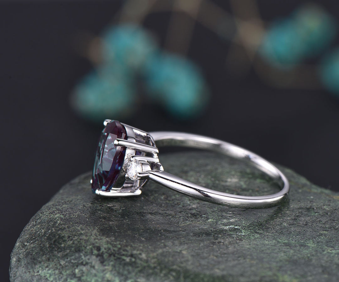 Teardrop alexandrite ring vintage moissanite three stone engagement ring alexandrite engagement ring solid rose gold June birthstone ring