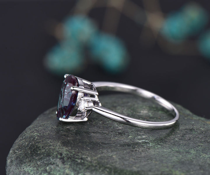 Teardrop alexandrite ring vintage moissanite three stone engagement ring alexandrite engagement ring solid rose gold June birthstone ring