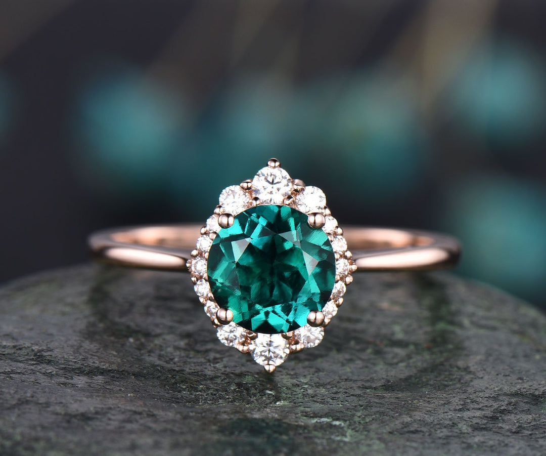Cluster halo vintage unique engagement ring emerald engagement ring solid 14k rose gold wedding anniversary birthday gift custom jewelry