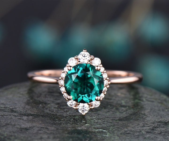 Cluster halo vintage unique engagement ring emerald engagement ring solid 14k rose gold wedding anniversary birthday gift custom jewelry