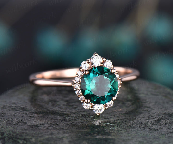 Cluster halo vintage unique engagement ring emerald engagement ring solid 14k rose gold wedding anniversary birthday gift custom jewelry
