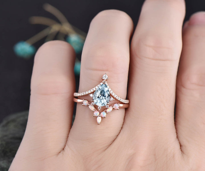 Vintage moissanite ring opal ring gold 2pcs teardrop aquamarine engagement ring set 14k 18k rose gold birthstone custom unique jewelry gift