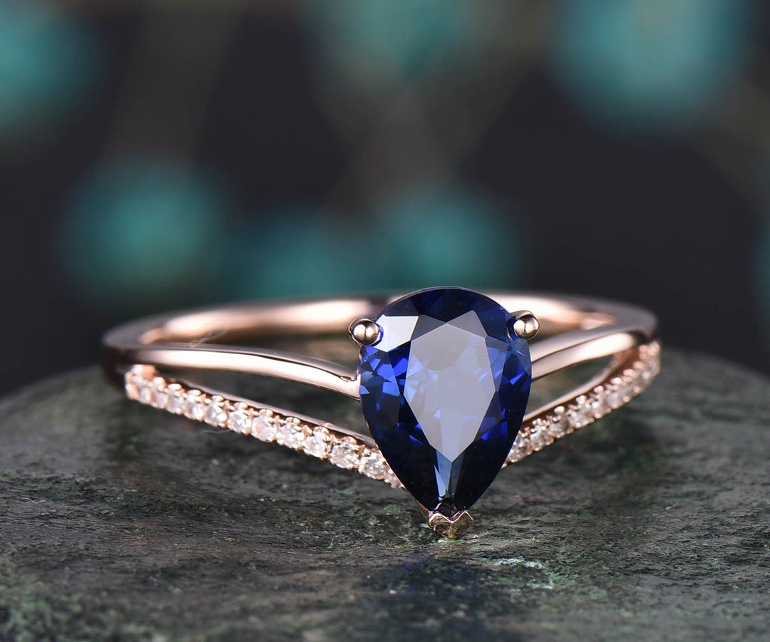 Pear blue sapphire engagement ring solid 14k yellow gold ring split shank diamond ring 6x8mm sapphire ring vintage gold women wedding ring
