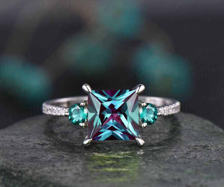 Unique vintage princess cut engagement ring three stone ring emerald ring color change Alexandrite engagement ring rose gold diamond ring