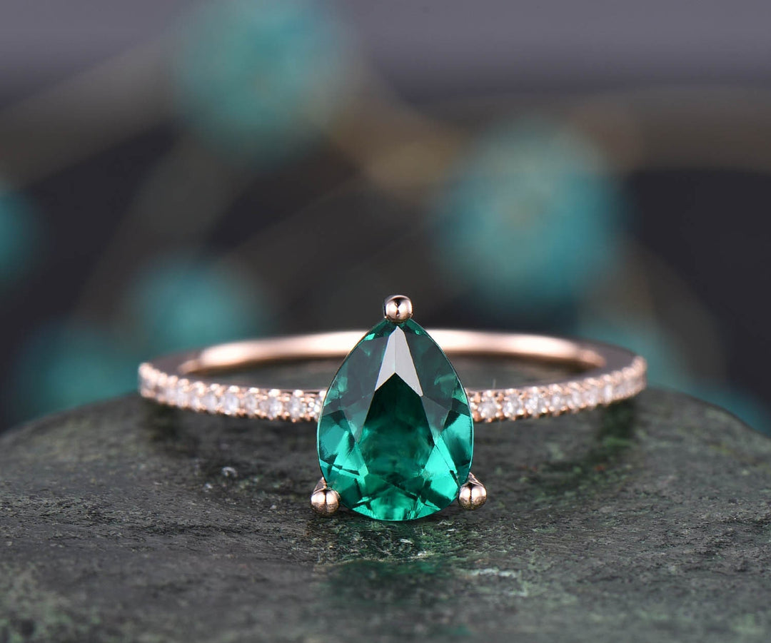 Teardrop Emerald engagement ring solid 14k rose gold under halo real diamond ring emerald  ring vintage promise wedding May birthstone ring
