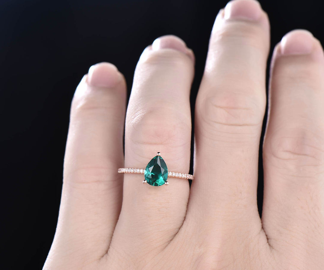 Teardrop Emerald engagement ring solid 14k rose gold under halo real diamond ring emerald  ring vintage promise wedding May birthstone ring