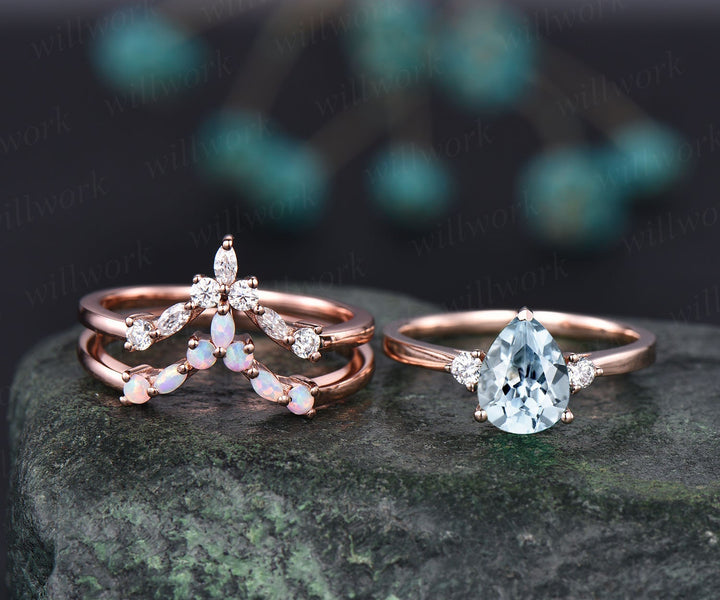 Curved marquise opal ring moissanite wedding bridal set 3pcs pear aquamarine engagement ring set rose gold March birthstone ring jewelry