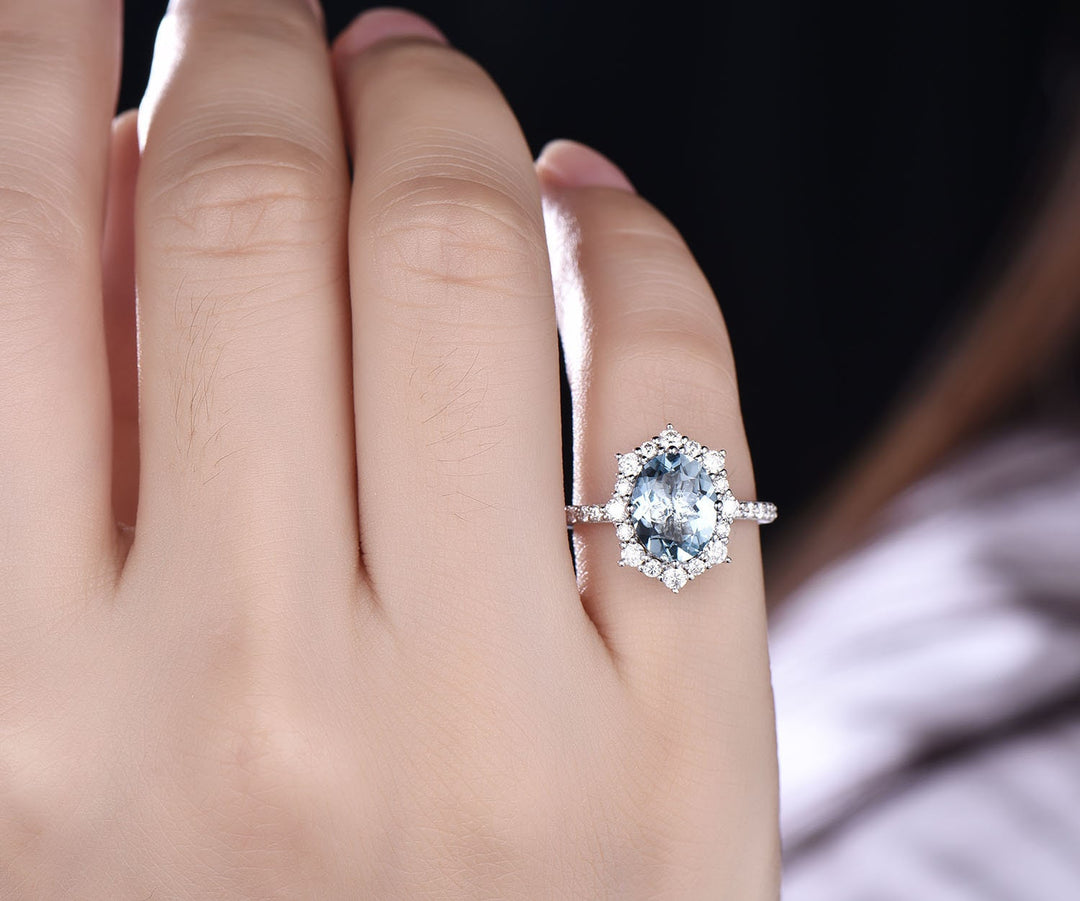 7x9mm oval cut aquamarine engagement ring vintage unique cluster ring moissanite ring March birthstone ring bridal ring custom jewelry gift