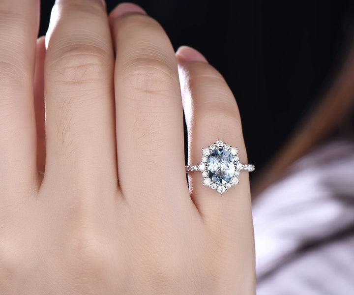 7x9mm oval cut aquamarine engagement ring vintage unique cluster ring moissanite ring March birthstone ring bridal ring custom jewelry gift