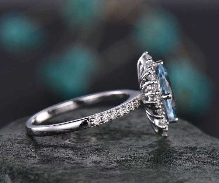 7x9mm oval cut aquamarine engagement ring vintage unique cluster ring moissanite ring March birthstone ring bridal ring custom jewelry gift
