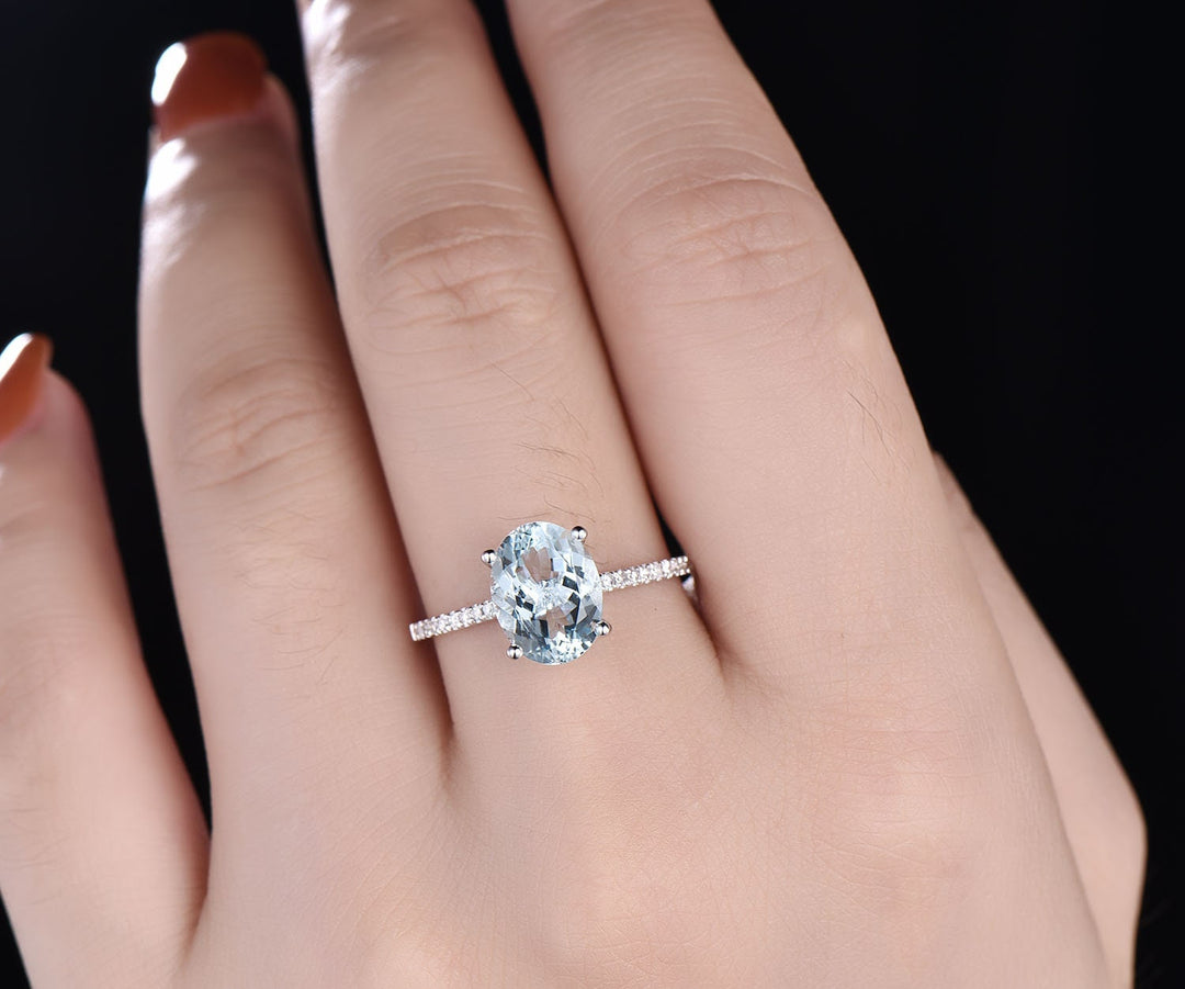 Vintage 8x10mm oval Aquamqrine engagement ring solid 14k white gold real diamond ring March birthstone ring anniversary unique gift jewelry