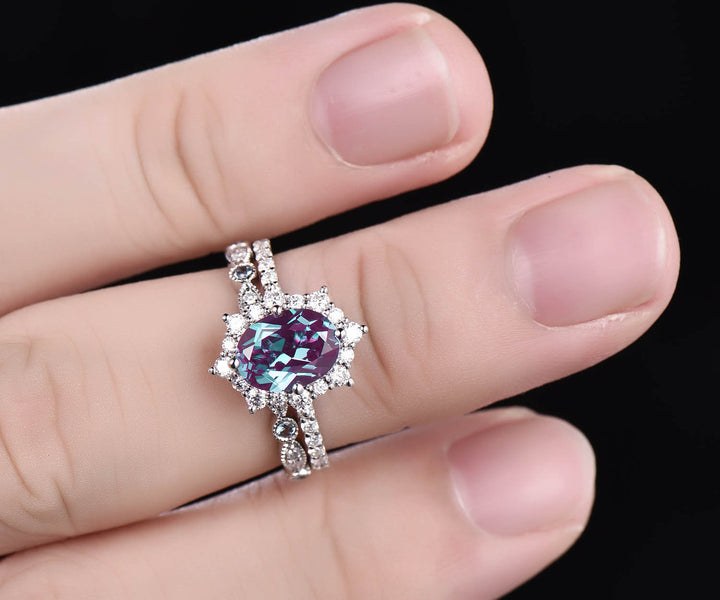 2pcs vintage unique Alexandrite engagement ring set 14k rose gold ring moissanite halo ring  Alexandrite bridal set diamond wedding band