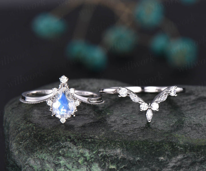 2pcs pear moonstone ring gold vintage moonstone engagement ring set white gold June birthstone ring cluster moissanite ring bridal set gift