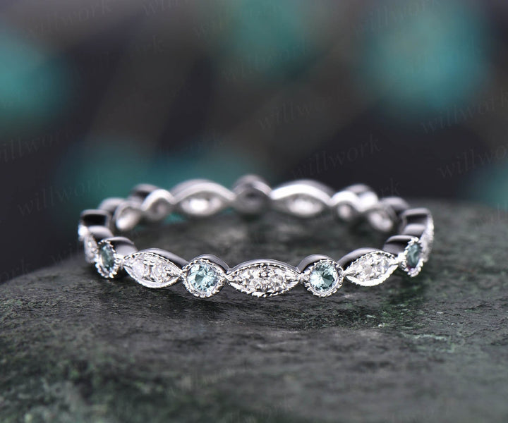 Vintage Alexandrite ring solid 14k white gold full eternity Alexandrite wedding ring band art deco diamond wedding band birthday gift