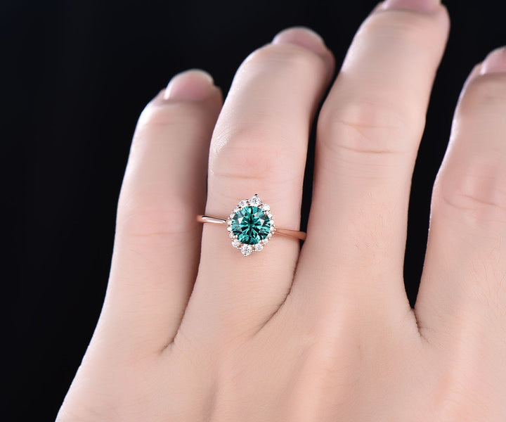 Cluster halo vintage unique engagement ring green moissanite engagement ring solid 14k rose gold wedding anniversary birthday gift jewelry