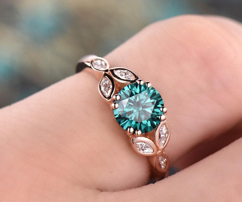 Unique vintage flower engagement ring marquise moissanite ring 1ct colorful green moissanite engagement ring rose gold wedding bridal gift