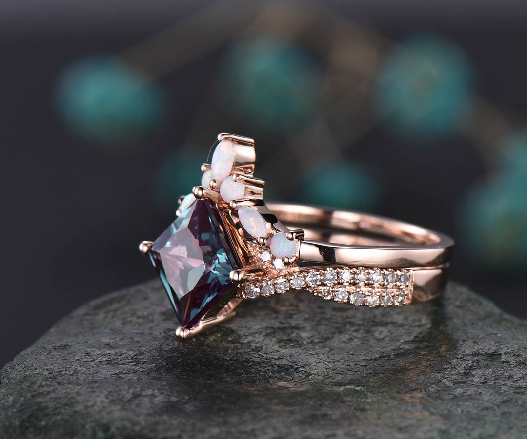 Marquise opal ring twisted diamond ring 2pcs princess cut Alexandrite engagement ring set solid 14k rose gold unique vintage ring jewelry