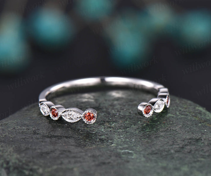 Garnet ring diamond wedding ring garnet wedding band solid 14k white gold open gap marquise art deco stacking ring band Migrain