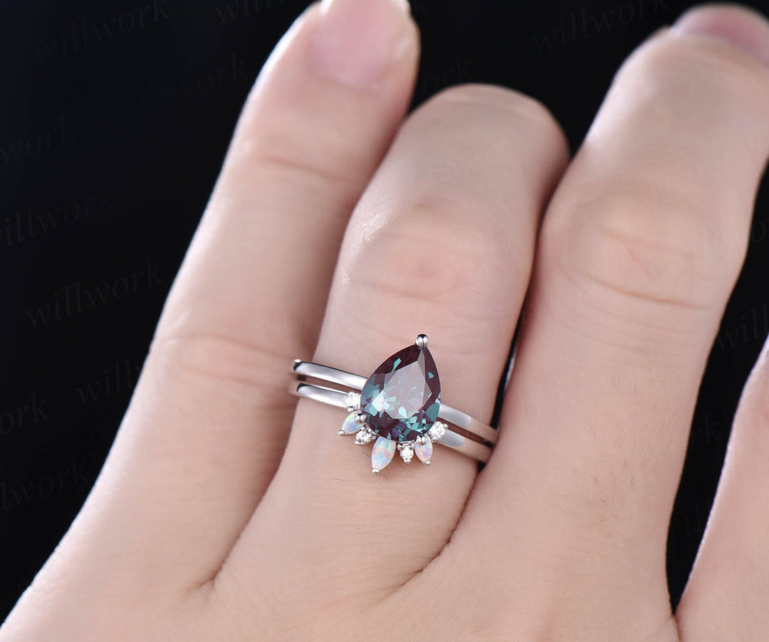 Alexandrite bridal set marquise opal wedding ring band unique moissanite ring 2pcs Teardrop Alexandrite engagement ring set white gold