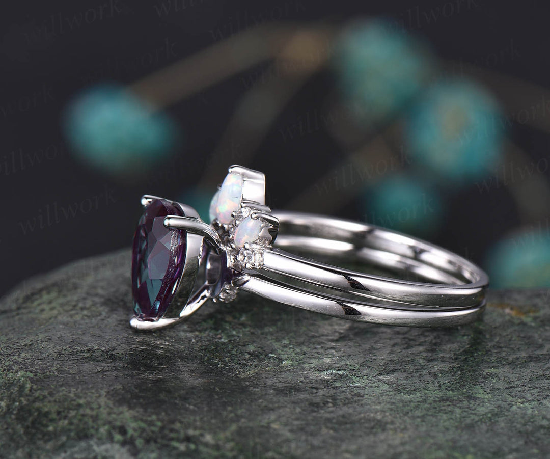 Alexandrite bridal set marquise opal wedding ring band unique moissanite ring 2pcs Teardrop Alexandrite engagement ring set white gold